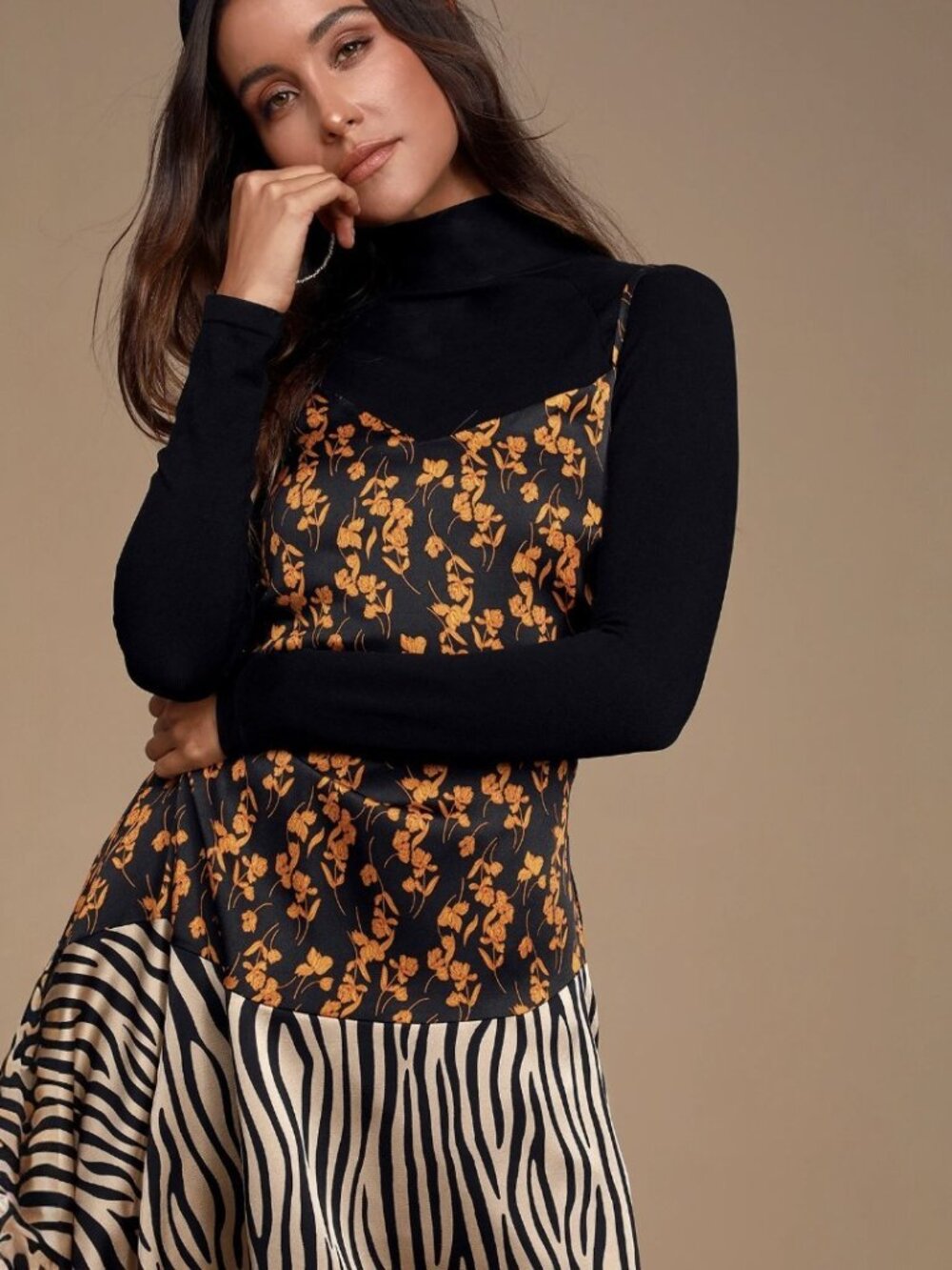 Lulus Gold Mine Black Multi Print Satin Asymmetrical Midi Dress NWT - Picture 5 of 10